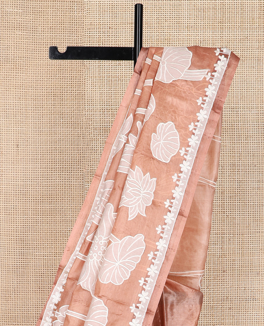Brown lotus floral embroidered tussar saree, thread embroidered floral border