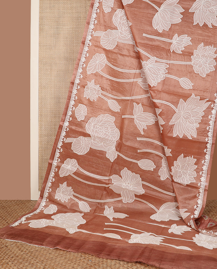 Brown lotus floral embroidered tussar saree, thread embroidered floral border