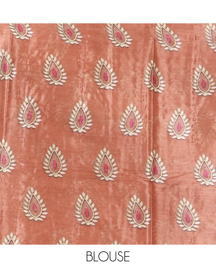 Brown lotus floral embroidered tussar saree, thread embroidered floral border