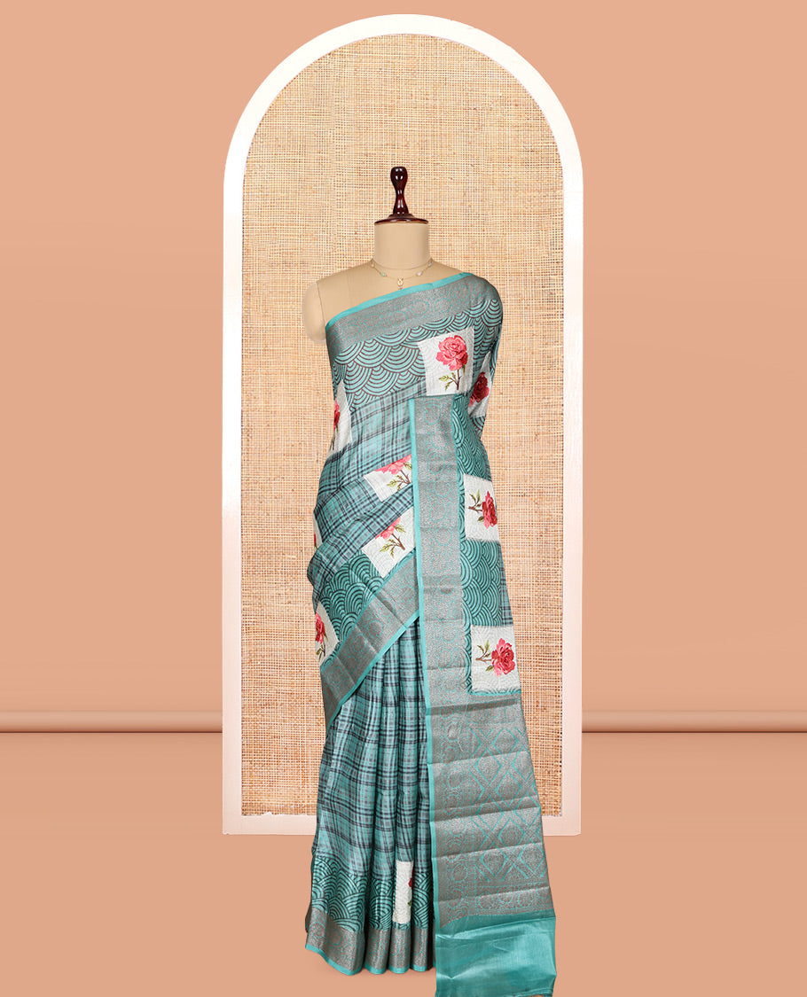 Blue Tusser Silk Saree Features Checks and Rose Buttas, a Zari Border, Grandf Pallu, and a Matching Blouse