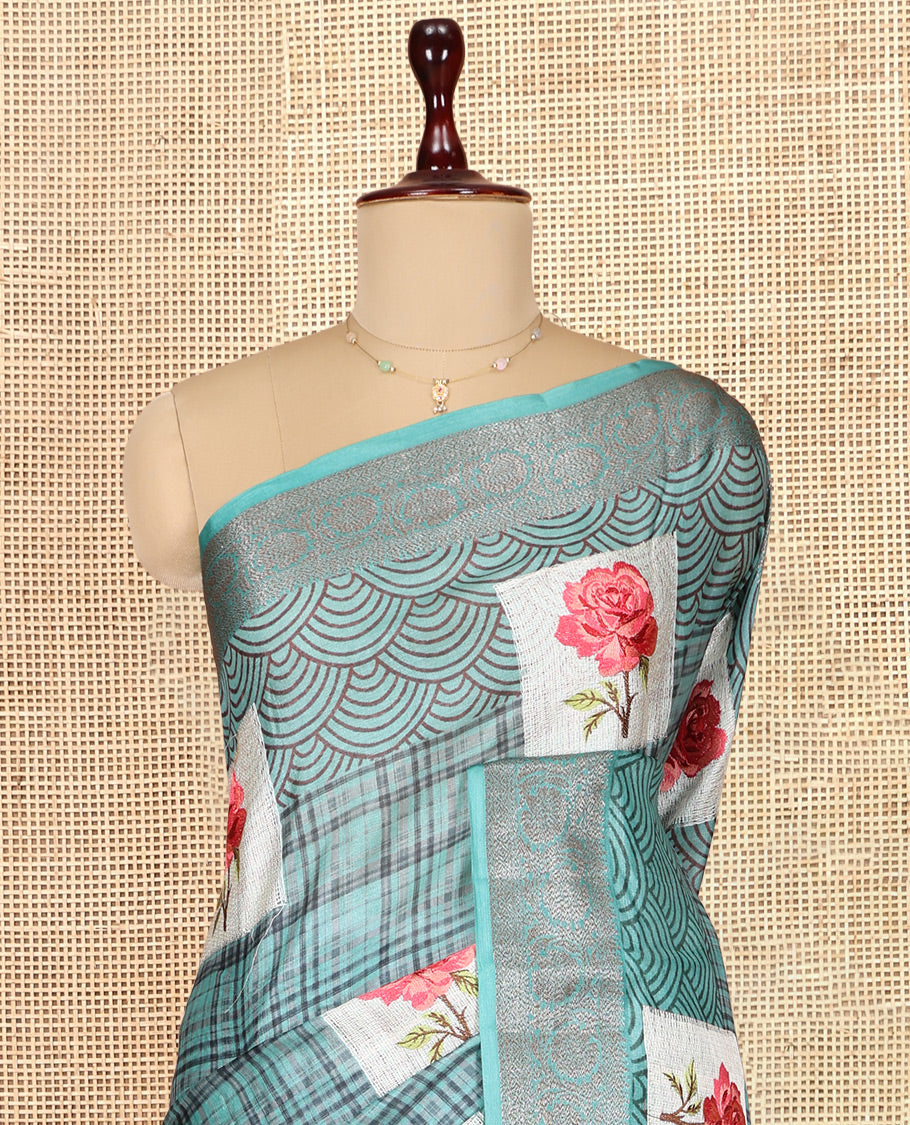 Blue Tusser Silk Saree Features Checks and Rose Buttas, a Zari Border, Grandf Pallu, and a Matching Blouse