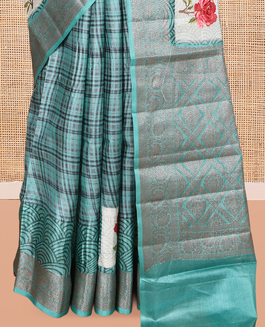 Blue Tusser Silk Saree Features Checks and Rose Buttas, a Zari Border, Grandf Pallu, and a Matching Blouse