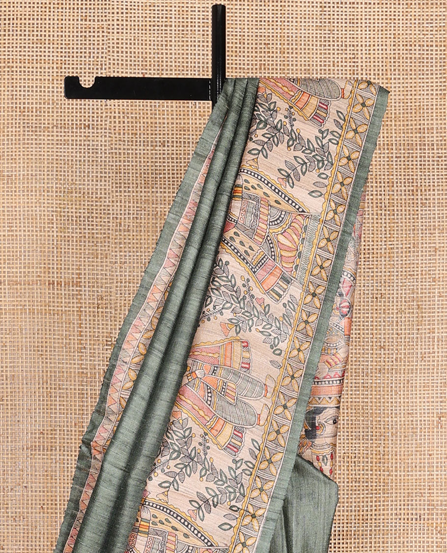 Green plain design tussar saree, contrast border & pallu features Madhubani-style human figurine print