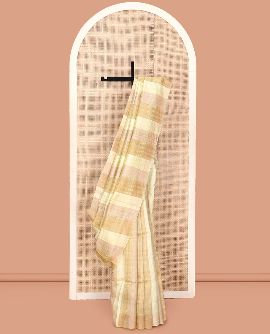 Borderless Yellow Tussar Silk Saree, Enthralled with Checked Design on Its Body, a Self-Heathered Pallu, and Paired with a Matching Blouse