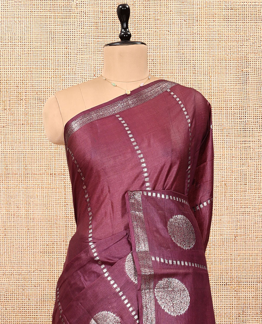 Maroon Tussar Silk Saree, Gleamed Up with Zari Buttas and Stripes, a Piping Border, Jaal Pallu, and a Matching Blouse