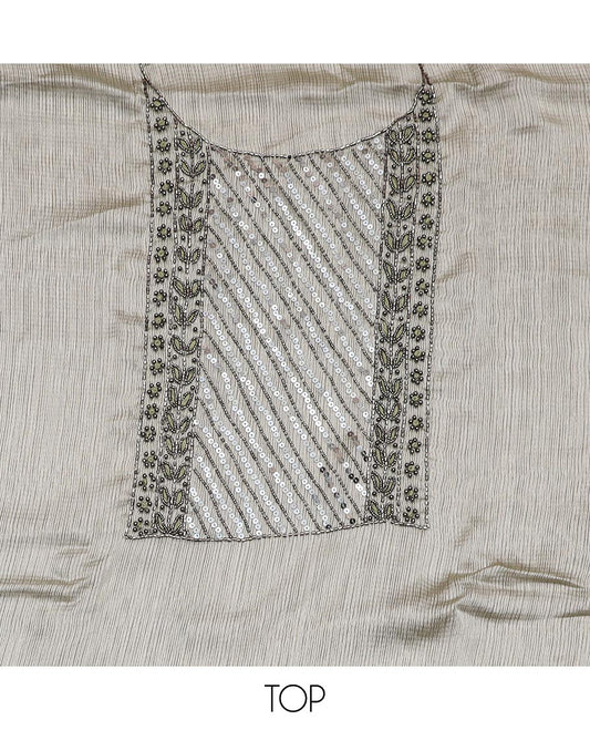Pale green material chudidar set, neck embroidered top, plain bottom, and plain scallop border dupatta