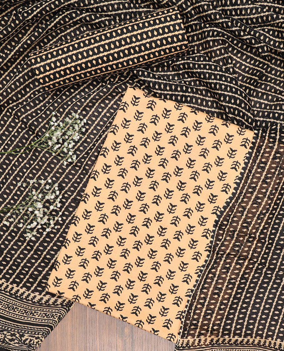 Cream chudidhar material set ogee pattern top with striped floral bottom & floral design dupatta