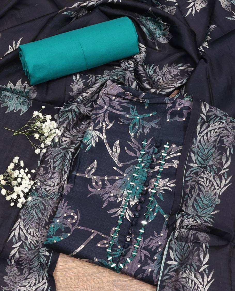 Blue Material Chudidar Set, Beautified with Leaf-Floral Printed Rayon Top, Captivating Contrast Plain Rayon Bottom, and Paired with Leaf-Floral Printed Chanderi Silk Dupatta