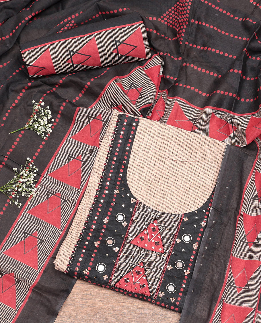 Chikku Cotton Material Churidar Set, Crafted with Stripes and Neck Work Top, a Contrast Geometric Printed Bottom, and Geometric Printed Dupatta