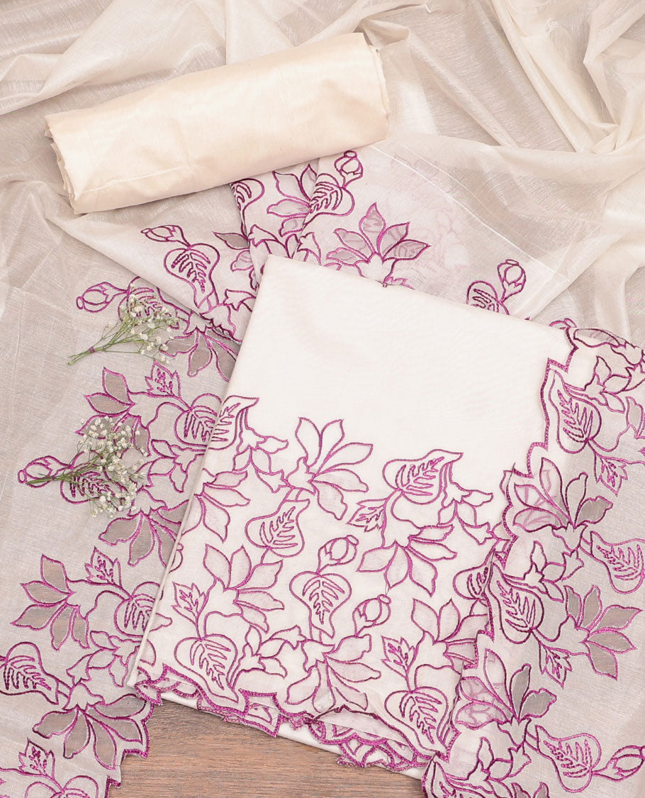 Cream-Purple Chanderi Material Chudidar Set