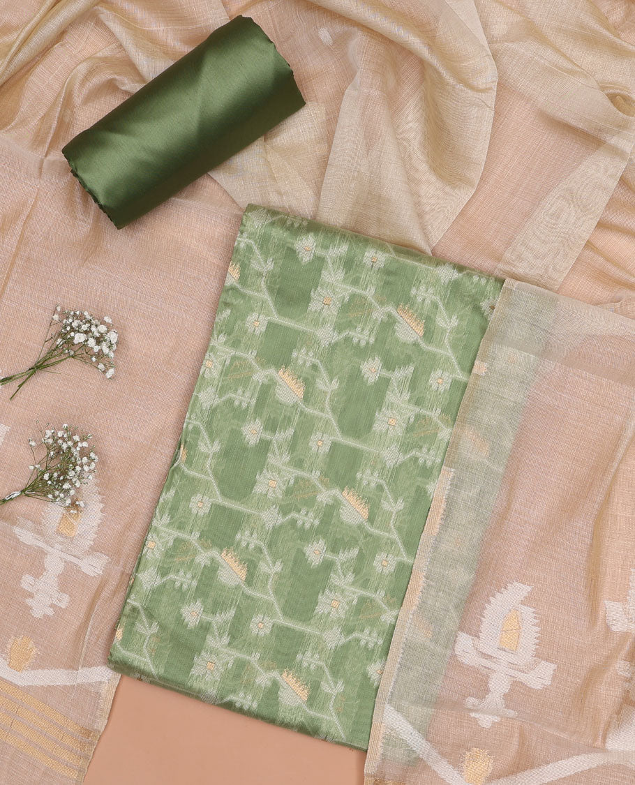 Green chudidhar material set, ikkat floral design top , plain bottom & ikkat floral motifs dupatta