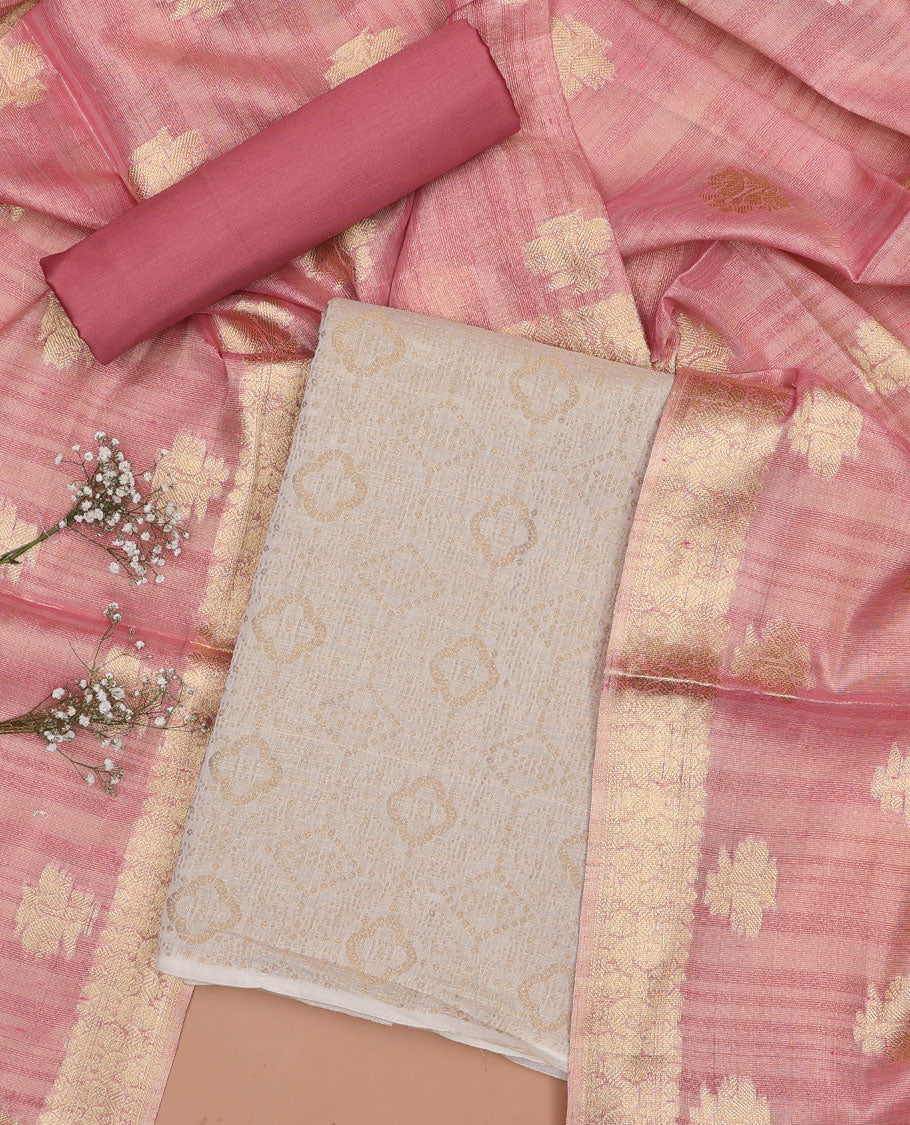 Cream chudidhar material set,intricate design top, pink plain bottom & floral design dupatta