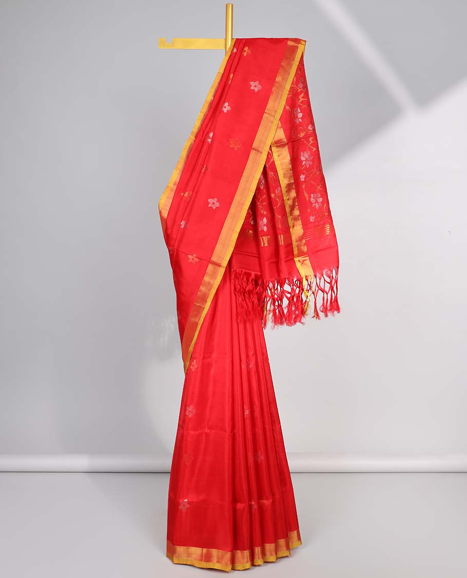 Red motifs uppada silk saree with contrast zari border & floral vine design pallu