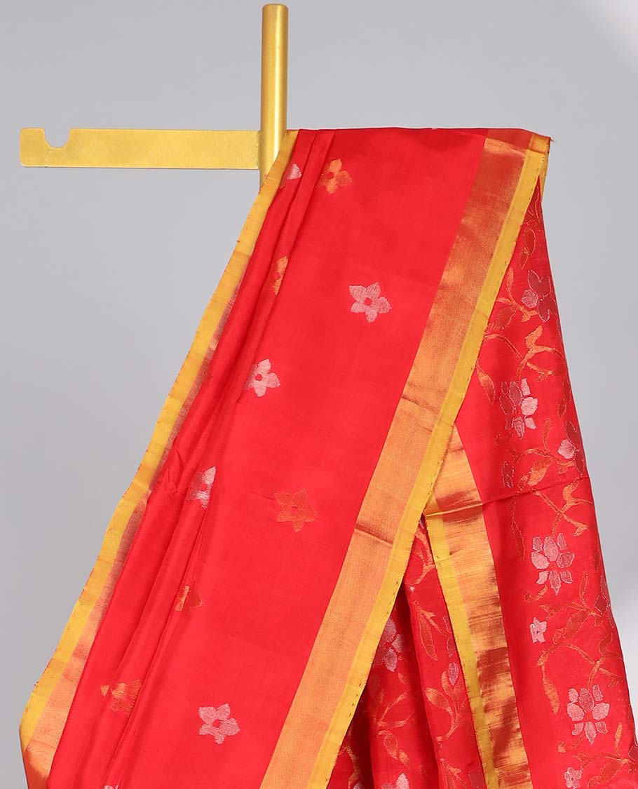 Red motifs uppada silk saree with contrast zari border & floral vine design pallu