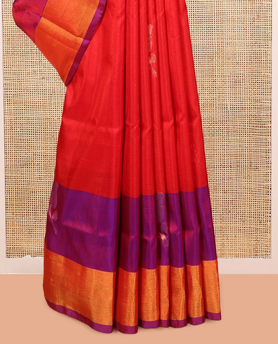 Red Uppada Silk Saree, Bedecked with Floral Zari Buttas, Complemented by Contrast Bavanji Border, Grand Pallu of Floral Buttas and a Contrast Blouse