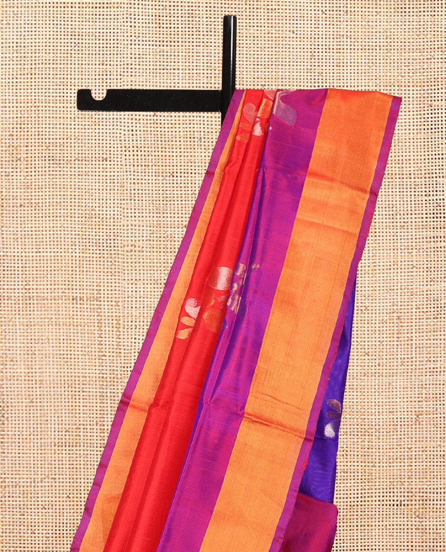Red Uppada Silk Saree, Bedecked with Floral Zari Buttas, Complemented by Contrast Bavanji Border, Grand Pallu of Floral Buttas and a Contrast Blouse