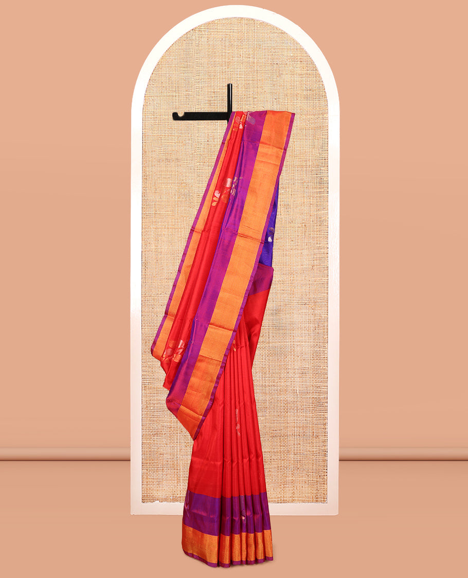 Red Uppada Silk Saree, Bedecked with Floral Zari Buttas, Complemented by Contrast Bavanji Border, Grand Pallu of Floral Buttas and a Contrast Blouse