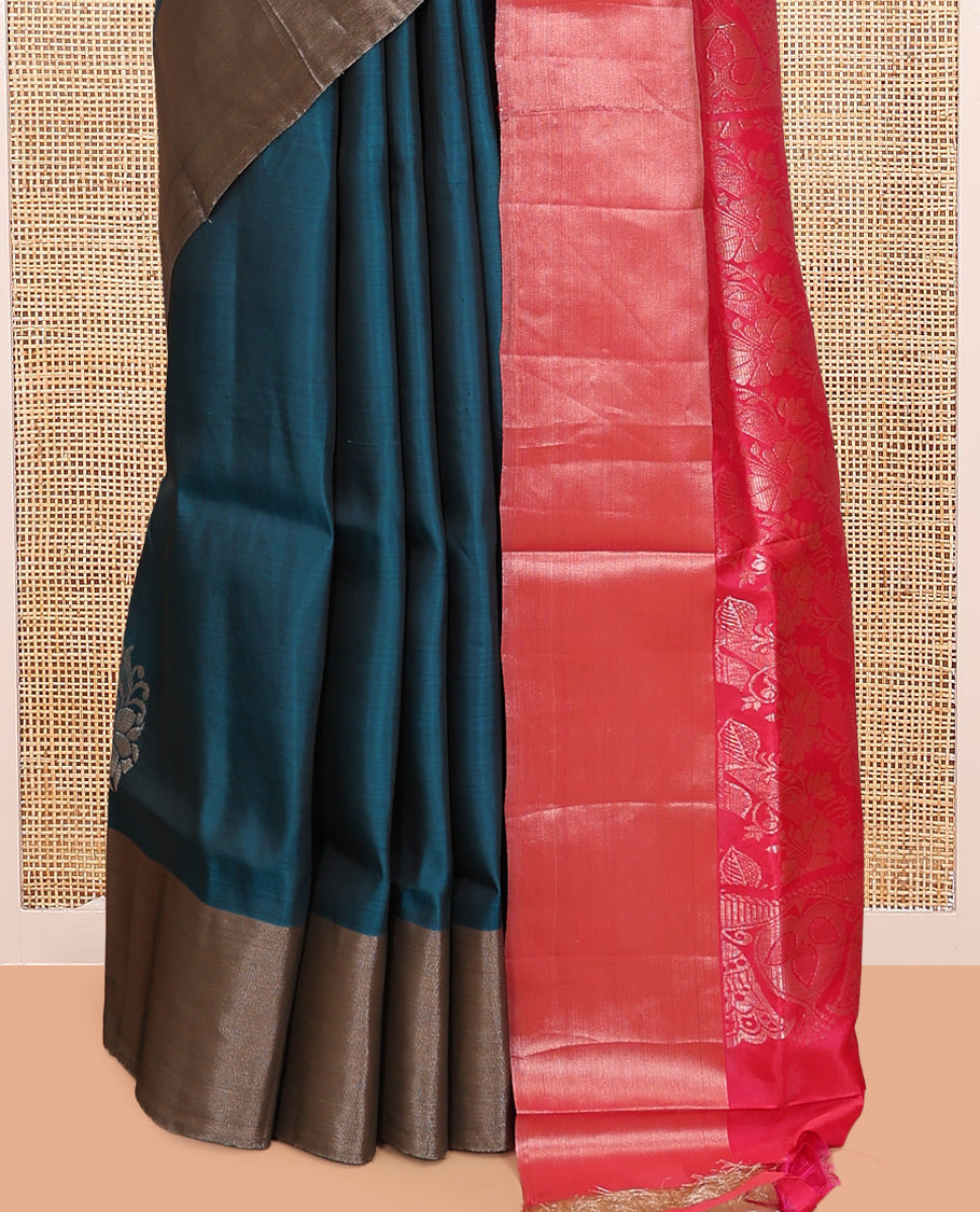Peacock Blue Semi Uppada Saree, Features Zari Buttas, a Bavanji Border, Contrast Floral Pallu, and a Contrast Blouse