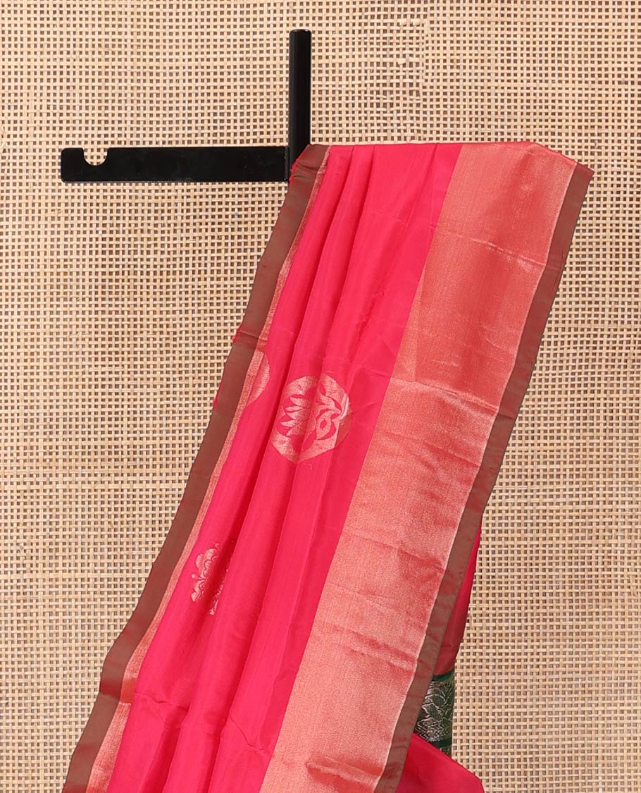 Pink zari buttas Uppada saree, contrast bavanji border, and intricately designed pallu