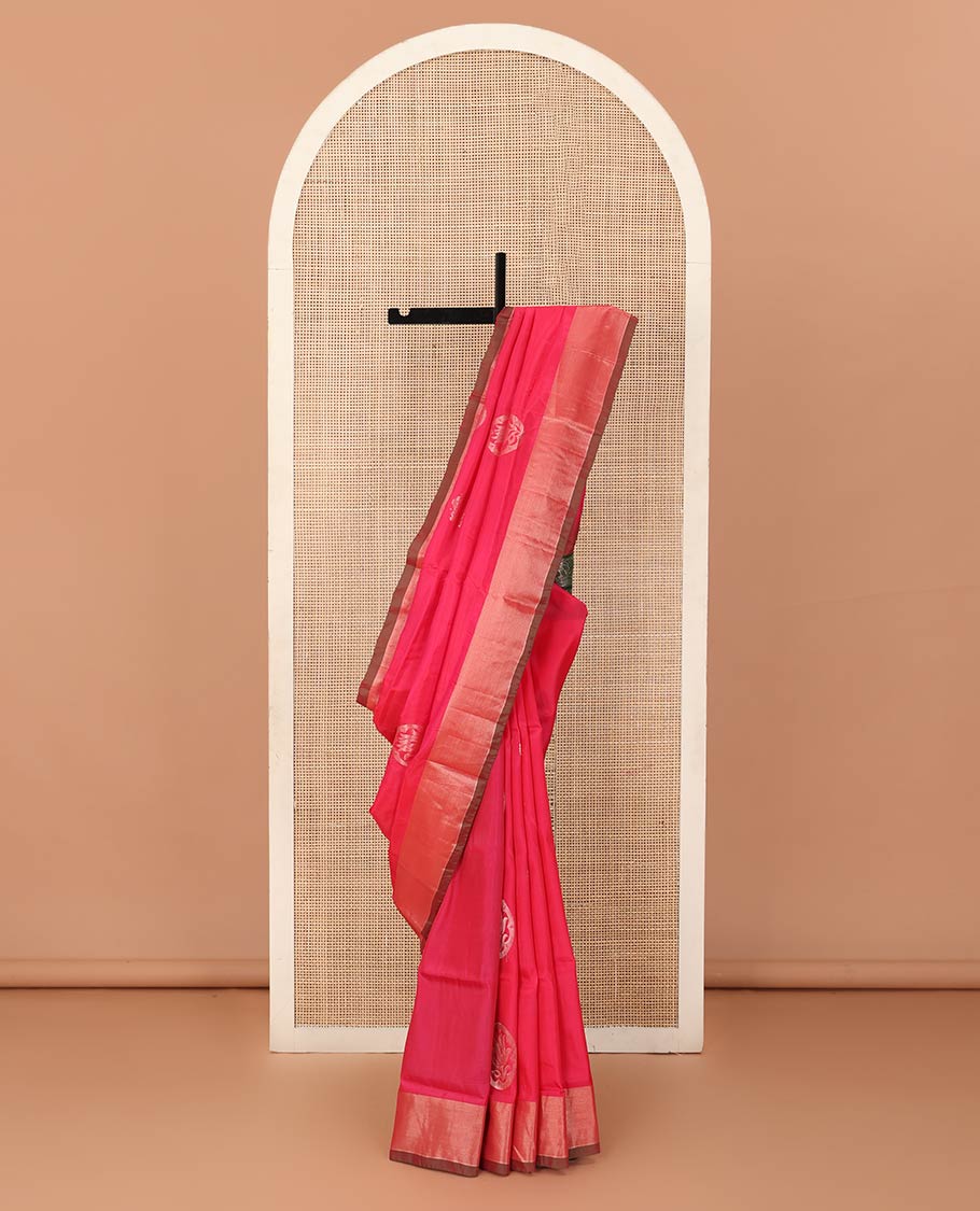 Pink zari buttas Uppada saree, contrast bavanji border, and intricately designed pallu