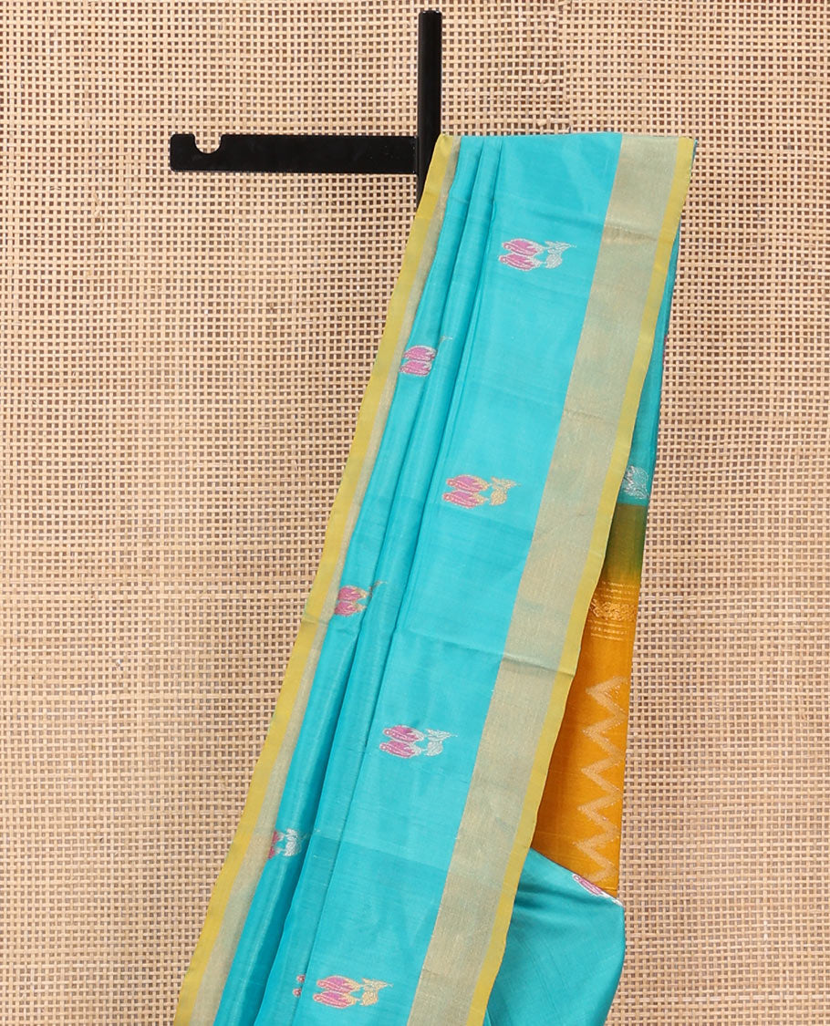 Sky Blue Uppada Silk Saree Elegantly Framed with Meena Floral Buttas, Complemented by a Contrast Bavanji Border, Pallu Steeped with Floral-Paisley Designs, and Paired with a Contrast Blouse