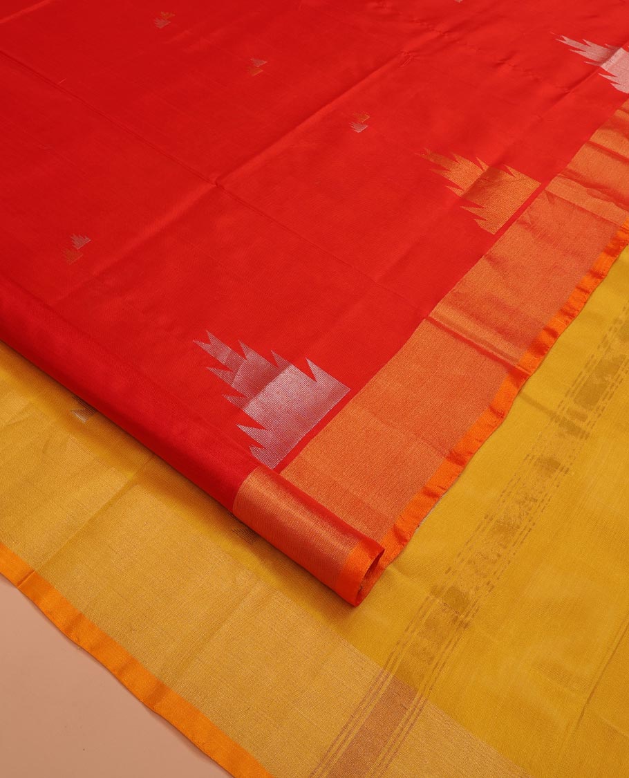 Bright Red Uppada Silk Saree Gleaming Up with Zari Temple Buttas, Features Temple Zari Border, Captivating Contrast Pallu of Temple Buttas, and Paired with a Contrast Blouse