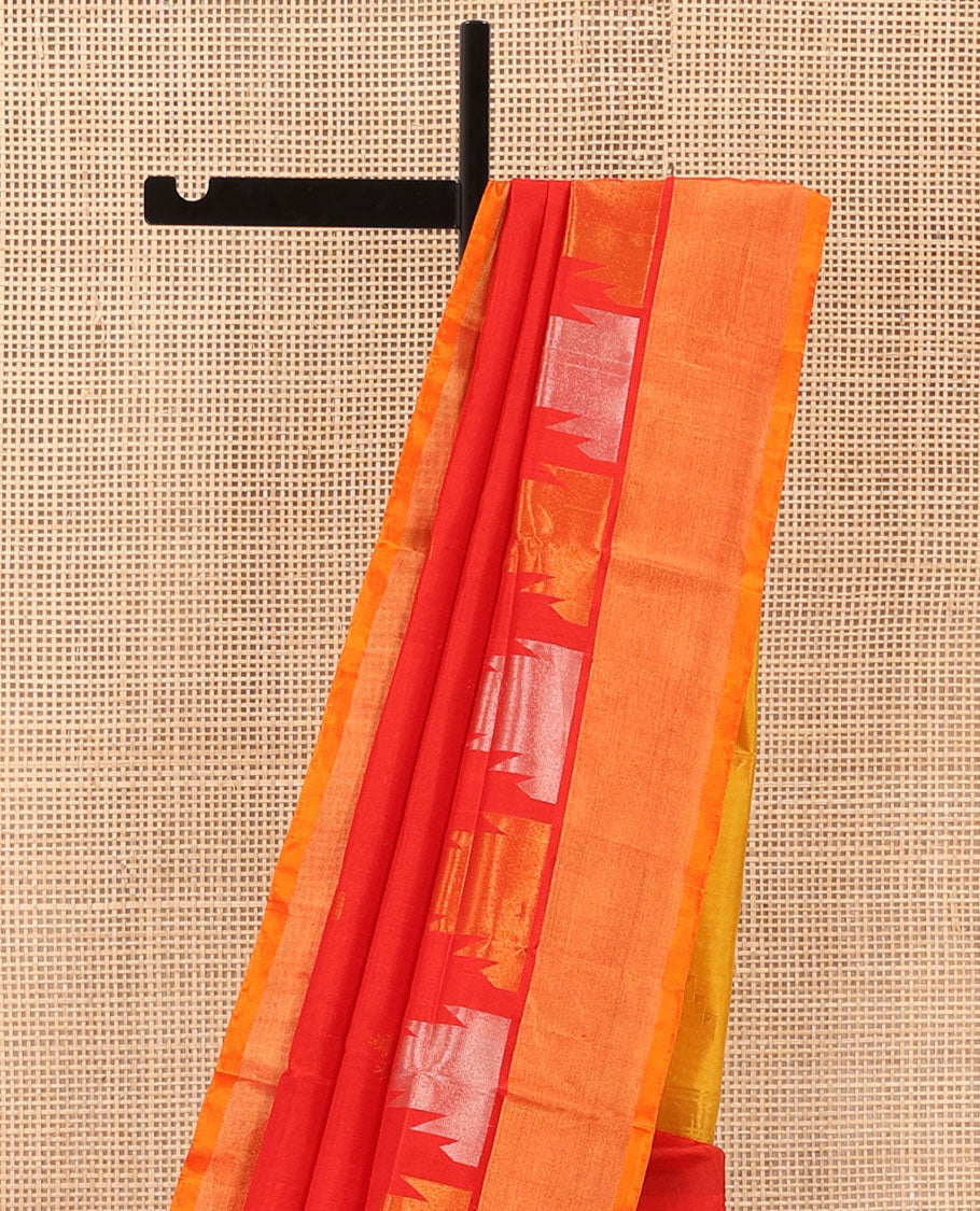 Bright Red Uppada Silk Saree Gleaming Up with Zari Temple Buttas, Features Temple Zari Border, Captivating Contrast Pallu of Temple Buttas, and Paired with a Contrast Blouse