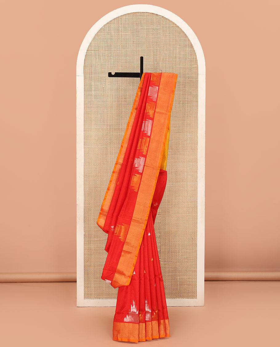 Bright Red Uppada Silk Saree Gleaming Up with Zari Temple Buttas, Features Temple Zari Border, Captivating Contrast Pallu of Temple Buttas, and Paired with a Contrast Blouse