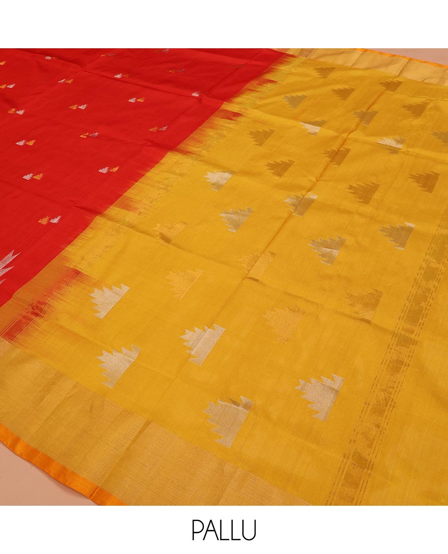Bright Red Uppada Silk Saree Gleaming Up with Zari Temple Buttas, Features Temple Zari Border, Captivating Contrast Pallu of Temple Buttas, and Paired with a Contrast Blouse