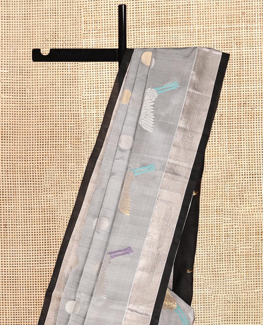 Grey Polka Dot and Crane Buttas Venkatagiri Silk Saree, a Zari Border, Floral Pallu, Contrast Blouse