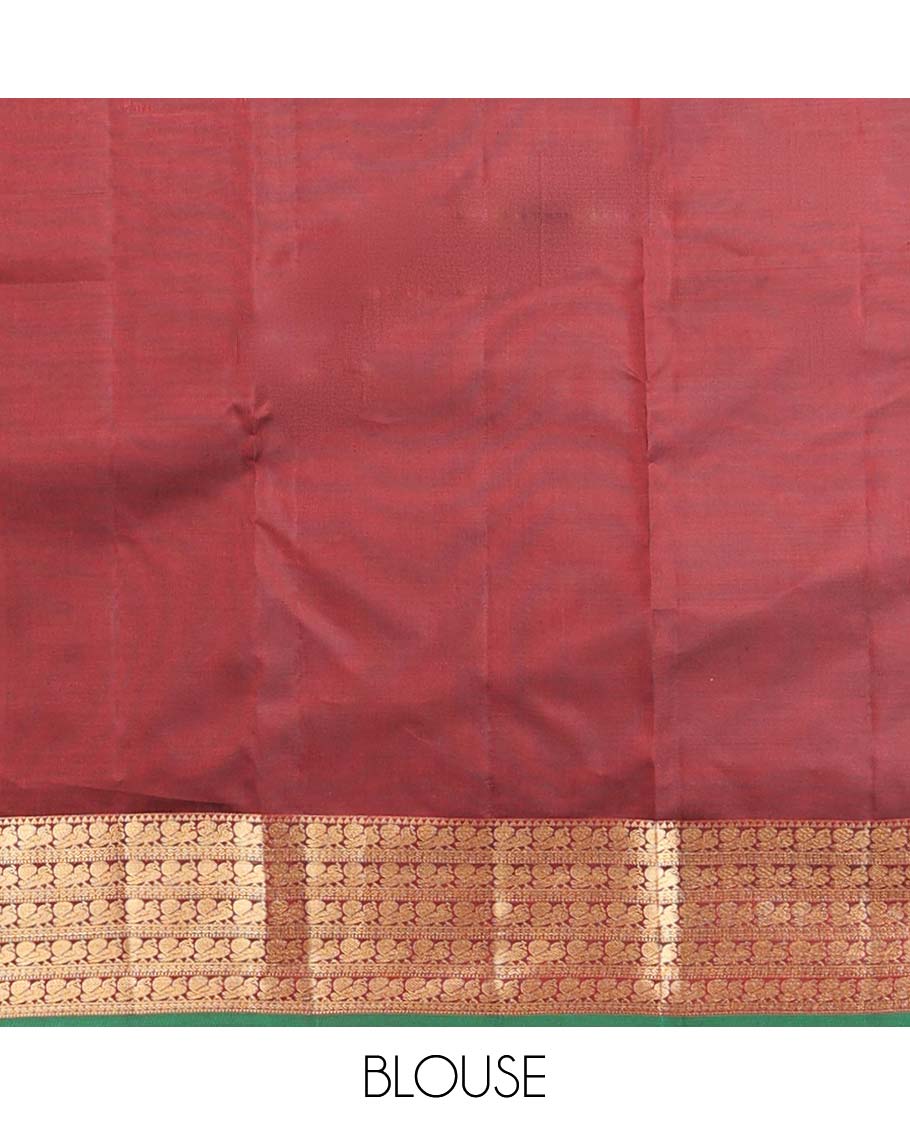 Maroon zari buttas Vasundhara silk mix saree, zari border of rekku & mayil designs & pallu steeped with mayil chakram designs