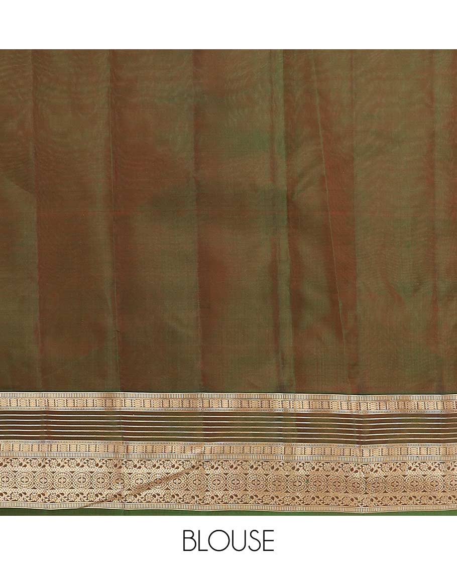 Red zari buttas Vasundhara silk mix saree, contrast border of muthu, banaras, kodi visiry, and chakram designs, and pallu of manga designs