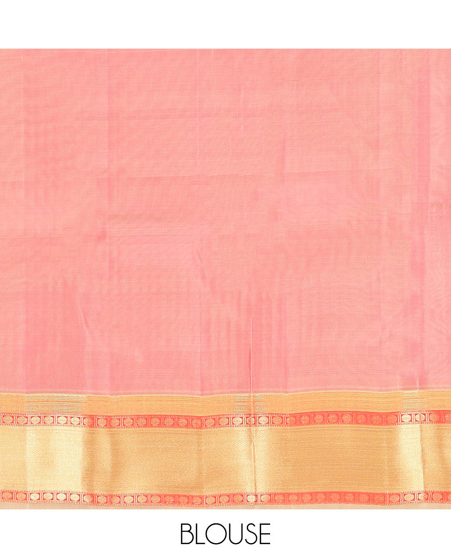 Red Vasundhara Lite Silk Mix Saree, Richly Detailed with Zari Buttas All Over Its Body, Complemented by Contrast Border of Rudraksham, Muthu, and Mayil Kann Designs, Grandly Woven Pallu of Jaal Designs, and Paired with a Contrast Blouse