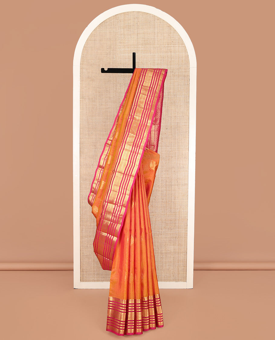 Orange Vasundhara Lite Silk Mix Saree, Elegantly Highlighted with Zari Buttas and Checks on Its Body, Complemented by a Contrast Border of Poun and Banaras Designs, Grand Jaal Pallu, and Paired with a Contrast Blouse