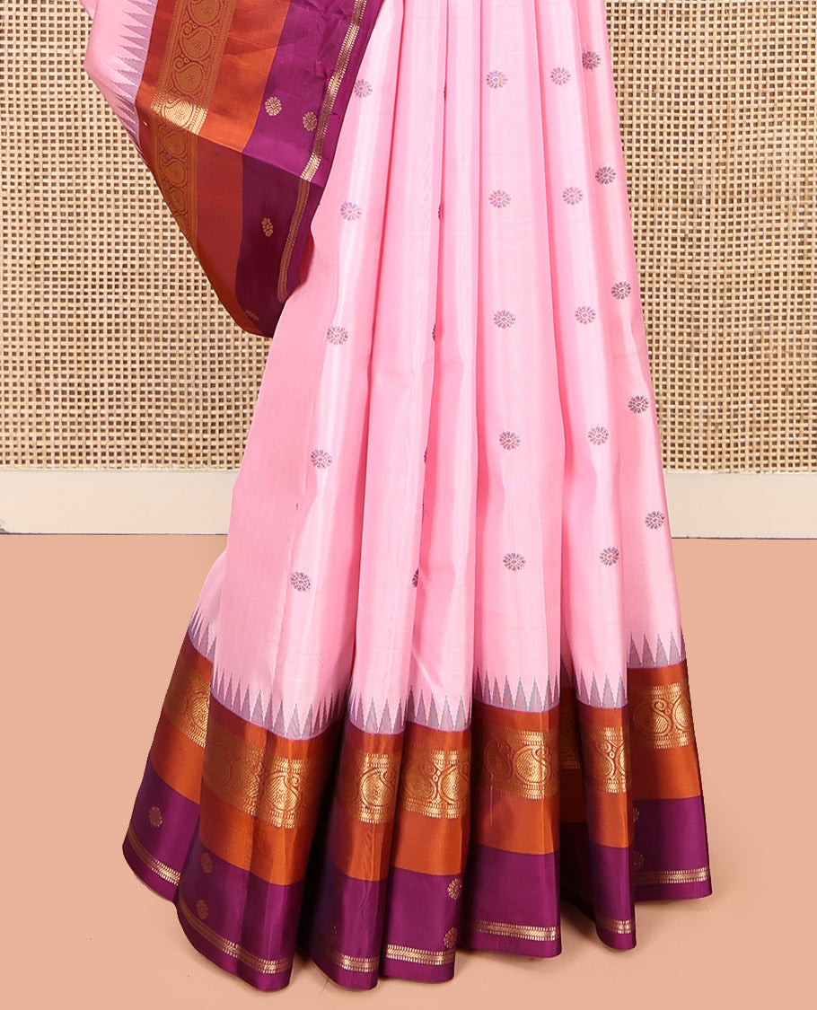 Pink Vasundhara Lite Silk Mix Saree, Crafted with Kamalam Buttas, Complemented by a Contrast Temple Border of Manga, Muthu, Banaras, and Kamalam, Grand Pallu, and a Contrast Blouse