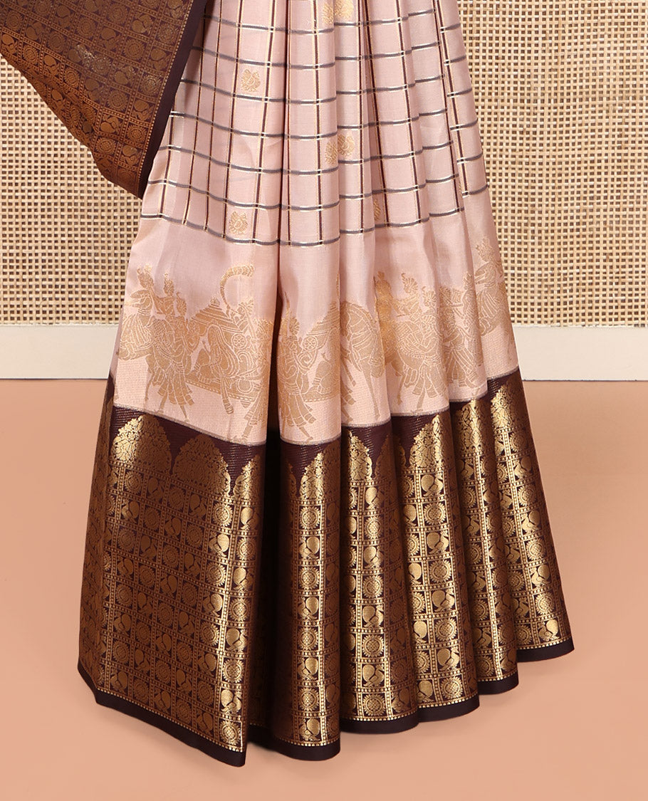 Sandal Vasundhara Lite-Silk Mix Saree Featuring Zari Butta Enclosed Checks, a Contrast Border of Annam-Chakram Enclosed Checks, Annam-Chakram Enclosed Pallu, and a Contrast Blouse