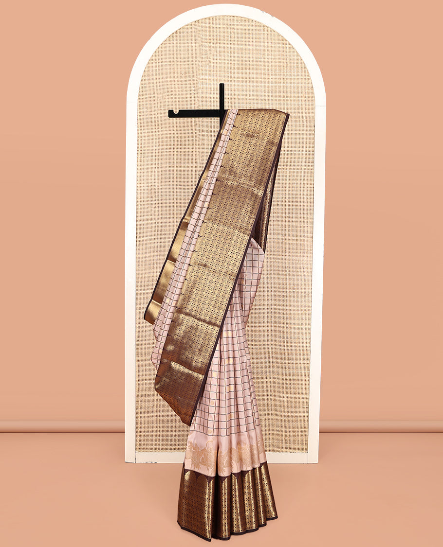 Sandal Vasundhara Lite-Silk Mix Saree Featuring Zari Butta Enclosed Checks, a Contrast Border of Annam-Chakram Enclosed Checks, Annam-Chakram Enclosed Pallu, and a Contrast Blouse