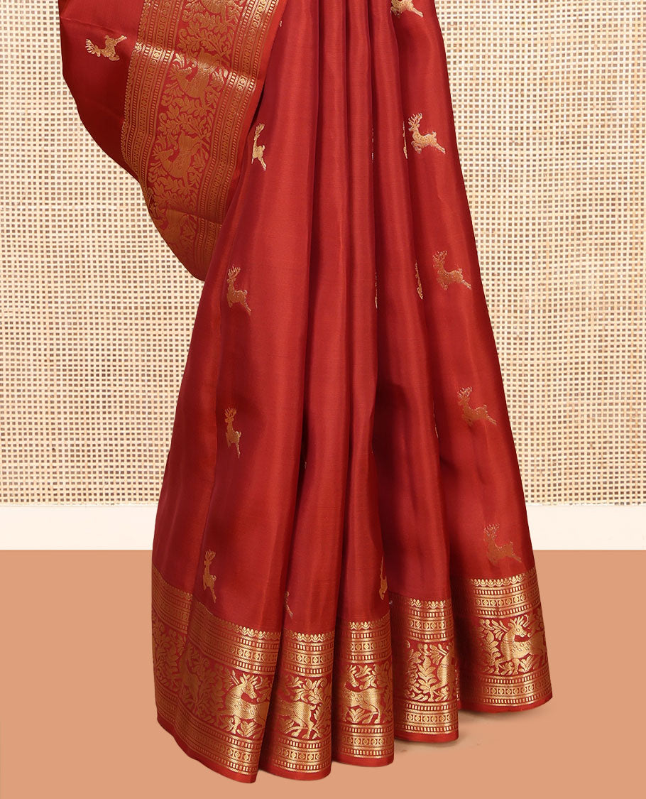 Rust Vasundhara Lite Silk Mix Saree, Gleamed Up with Zari Buttas, a Zari Border of Muthu, Banaras, and Maan Designs, Jaal Pallu, and a Matching Blouse