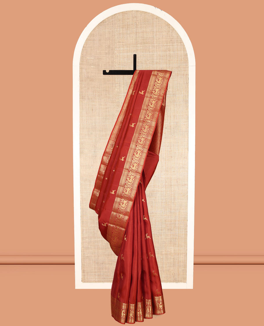 Rust Vasundhara Lite Silk Mix Saree, Gleamed Up with Zari Buttas, a Zari Border of Muthu, Banaras, and Maan Designs, Jaal Pallu, and a Matching Blouse