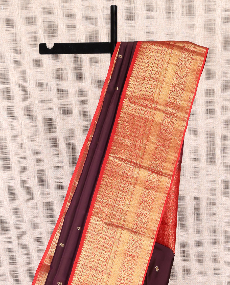 Brown Zari Buttas Vasundhara Lite Silk Mix Saree, a Contrast Rekku-Kodi Visiry-Mayil Kann Border, a Contrast Border
