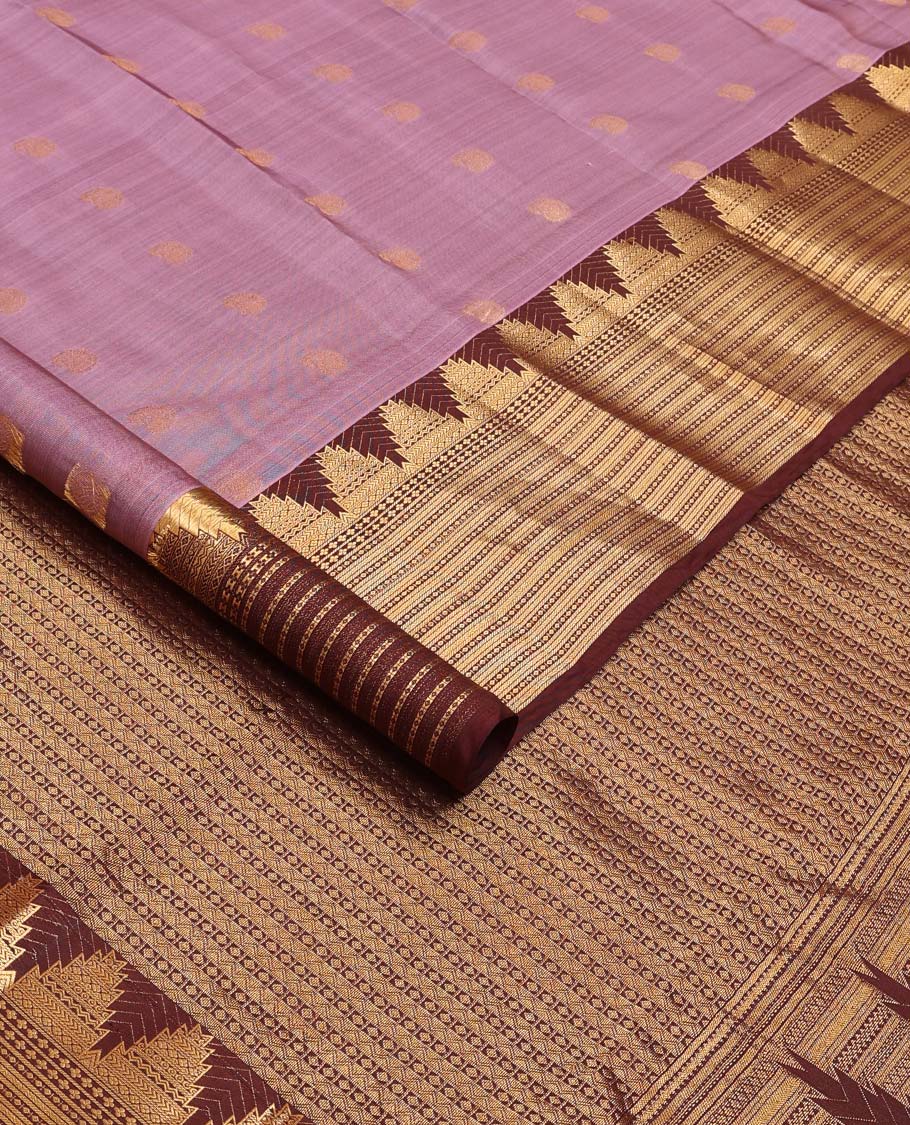 Purple manga buttas Vasundhara silk mix saree, contrast thazampoo rekku border of geometric designs, and geometric patterned pallu