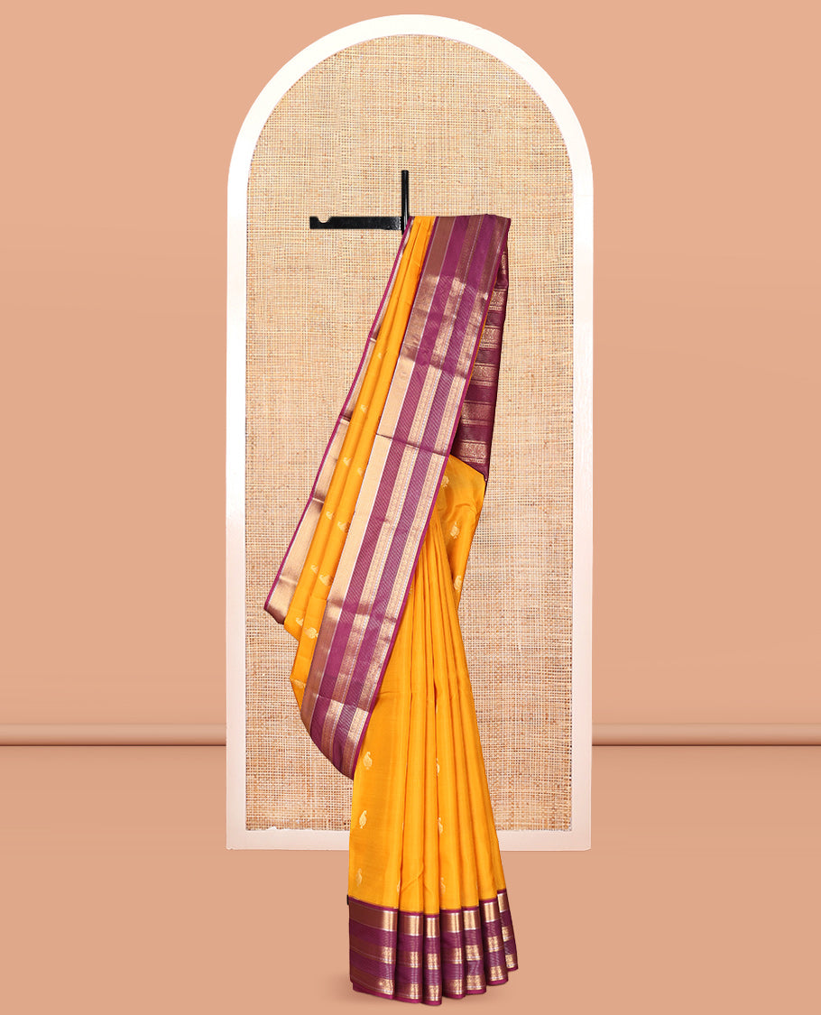 Yellow Vasundhara Lite Silk Mix Saree, Sparsely Woven with Zari Buttas, a Contrast Border of Mayil, Neli Kathir, Mayil Kann, and Rudraksham Designs, Grand Pallu, and a Contrast Blouse