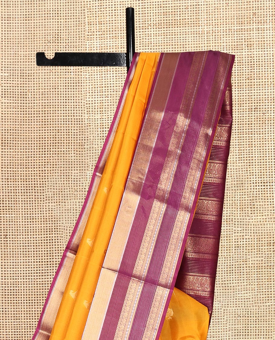 Yellow Vasundhara Lite Silk Mix Saree, Sparsely Woven with Zari Buttas, a Contrast Border of Mayil, Neli Kathir, Mayil Kann, and Rudraksham Designs, Grand Pallu, and a Contrast Blouse
