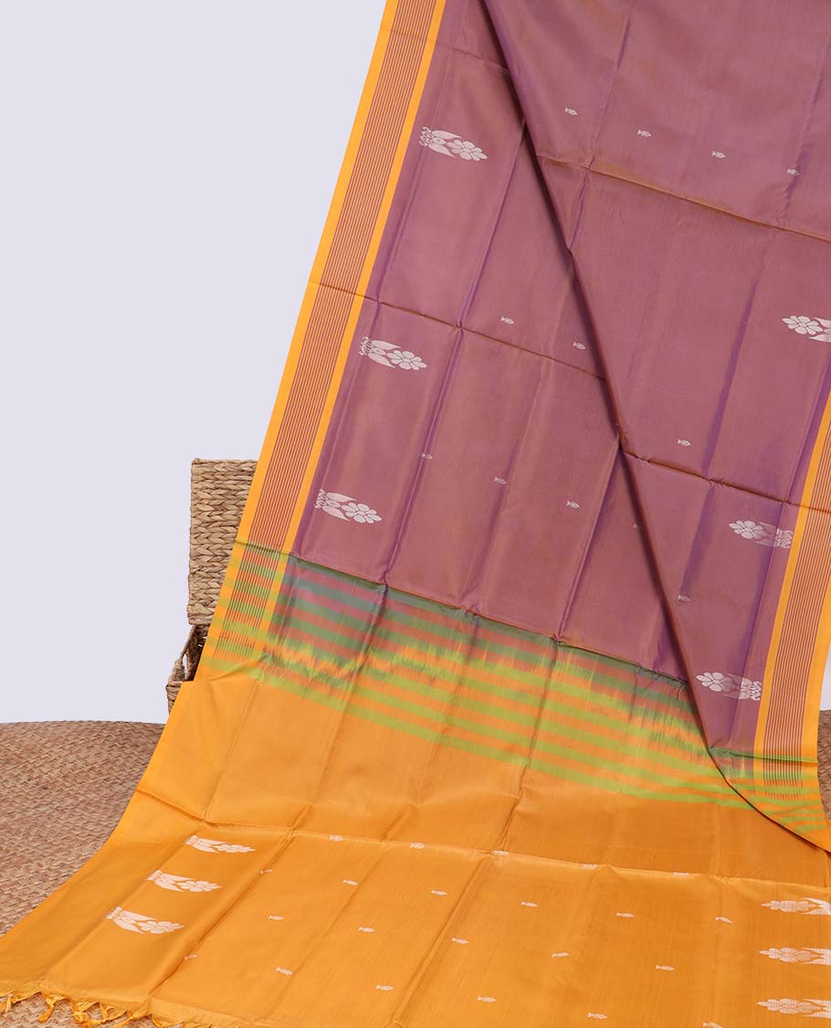 Maroon all over floral motifs banana pith saree with contrast striped border
