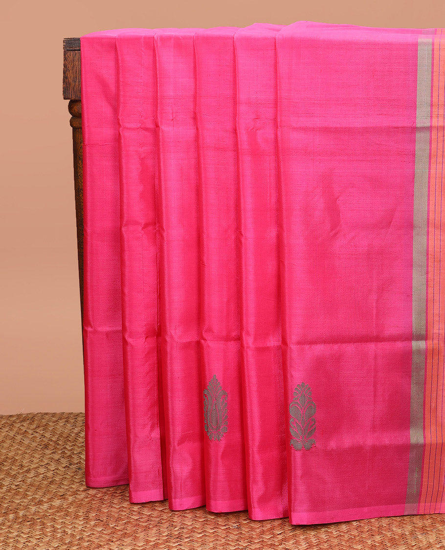 Borderless Pink Banana Pith Saree, Showcasing Buttas All Over Its Body, Complemented by a Contrast Pallu of Unique Buttas, and Paired with a Contrast Blouse