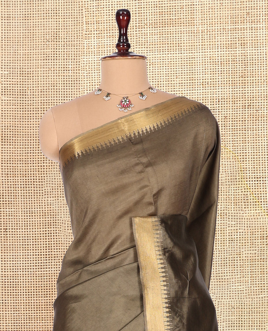 Brown Banana Pith Saree, Ornamented with Zari Buttas, a Zari Temple Border, Striped Pallu, and Matching Blouse