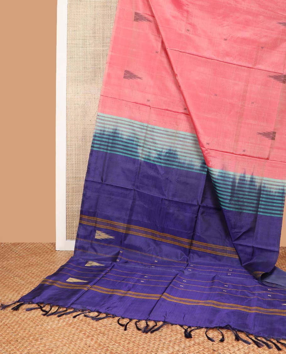 Peach motifs banana pith saree with self border & striped, motifs pallu