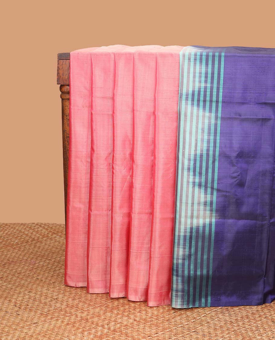 Peach motifs banana pith saree with self border & striped, motifs pallu