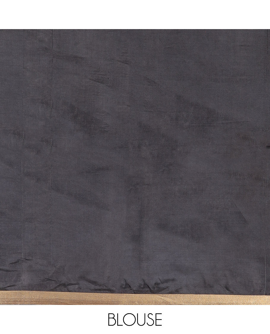 Black Plain Banana Pith Saree Subtly Sparkled with Zari Bavanji Border, Gleaming Zari Stripes Woven Pallu, and Paired with a Matching Plain Blouse