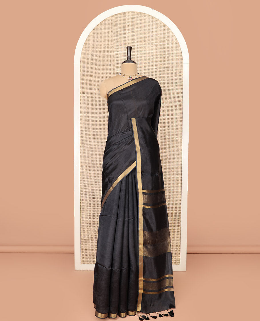 Black Plain Banana Pith Saree Subtly Sparkled with Zari Bavanji Border, Gleaming Zari Stripes Woven Pallu, and Paired with a Matching Plain Blouse